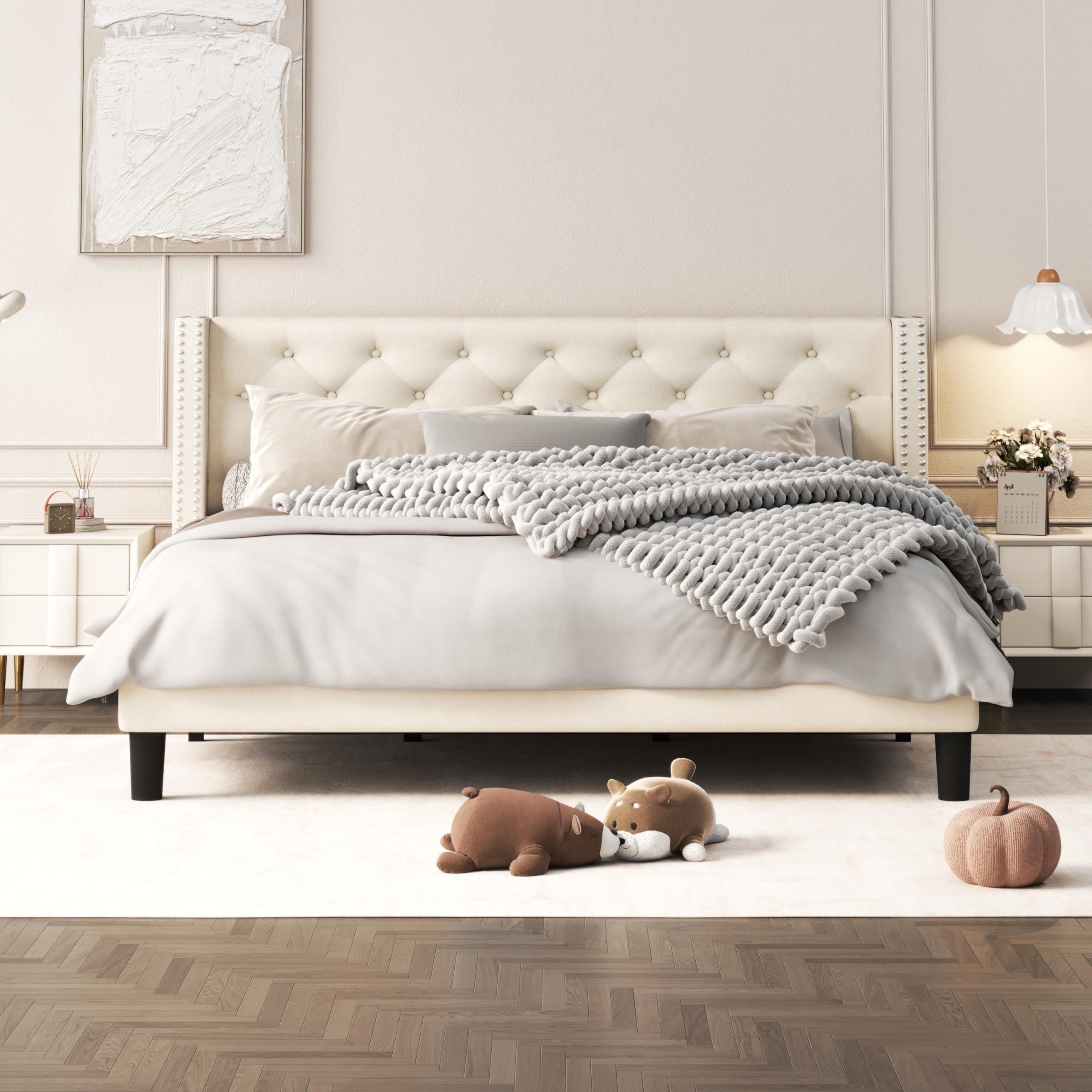 King Size Bed Frame with Upholstered Wingback, Platform Bed Frame with Diamond Button Tufted Head... | Amazon (US)