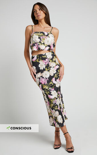 Alex Two Piece Set - Cami Top and Slip Midi Skirt Set in Midnight Floral | Showpo (ANZ)