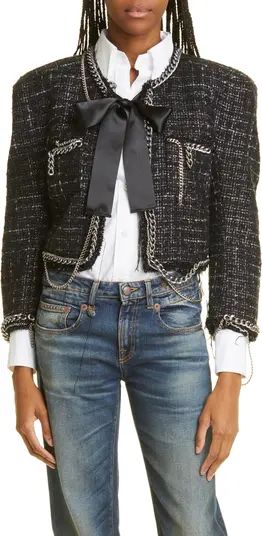Chain Embellished Square Shoulder Tweed Crop Jacket | Nordstrom