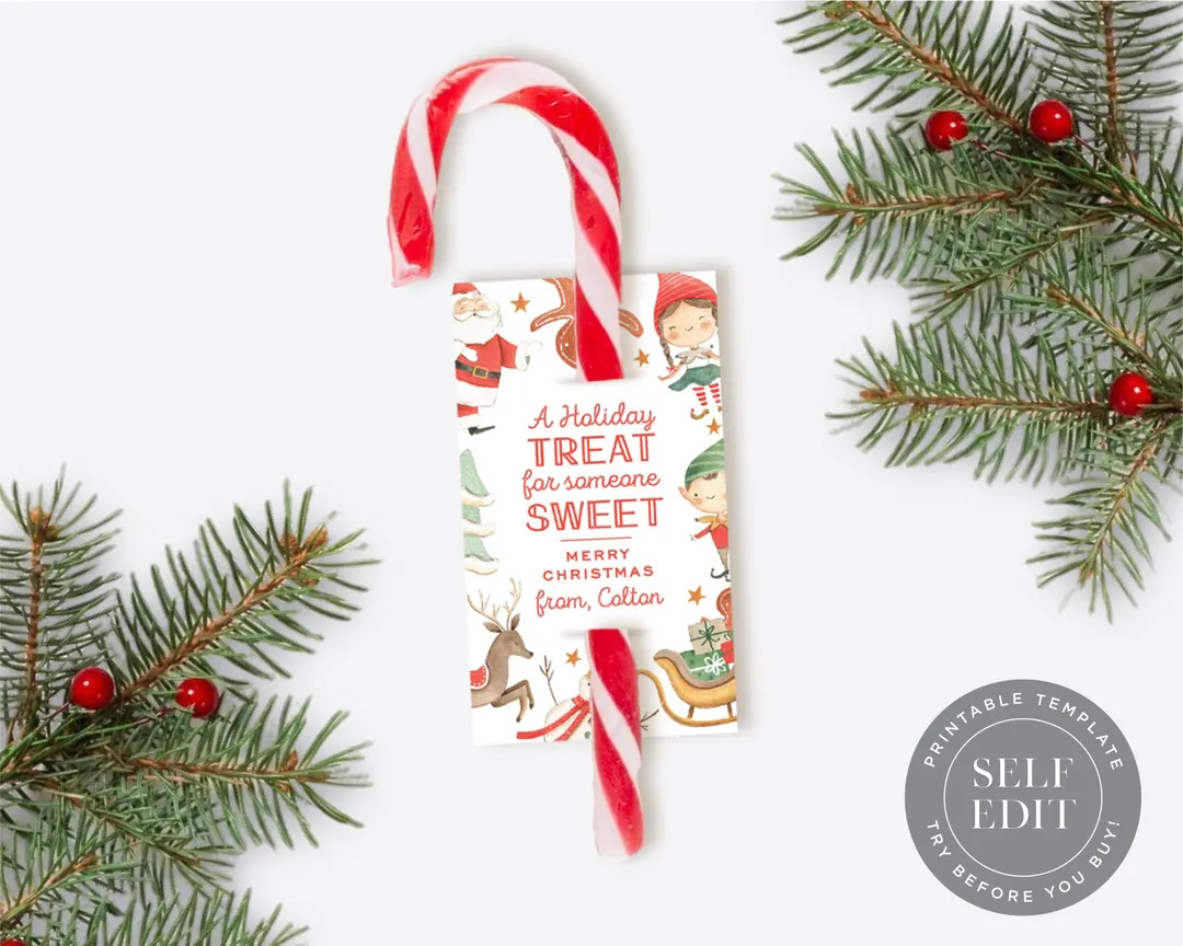Christmas Candy Cane Holder Printable, Cute Holiday Candy Cane Tag Template, Classroom Party Cand... | Etsy (US)