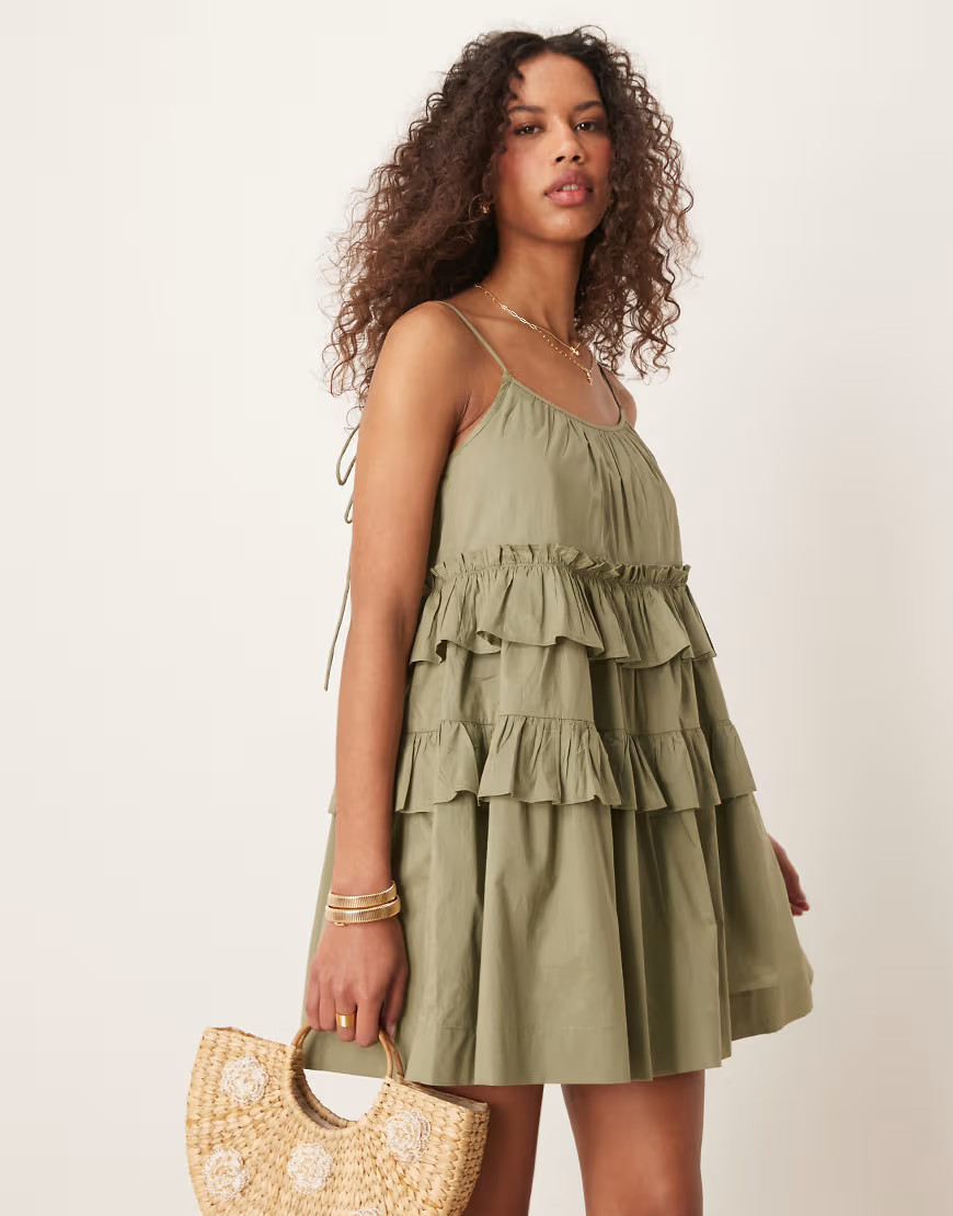 ASOS DESIGN ruffle tiered mini dress in khaki-Green | ASOS (Global)