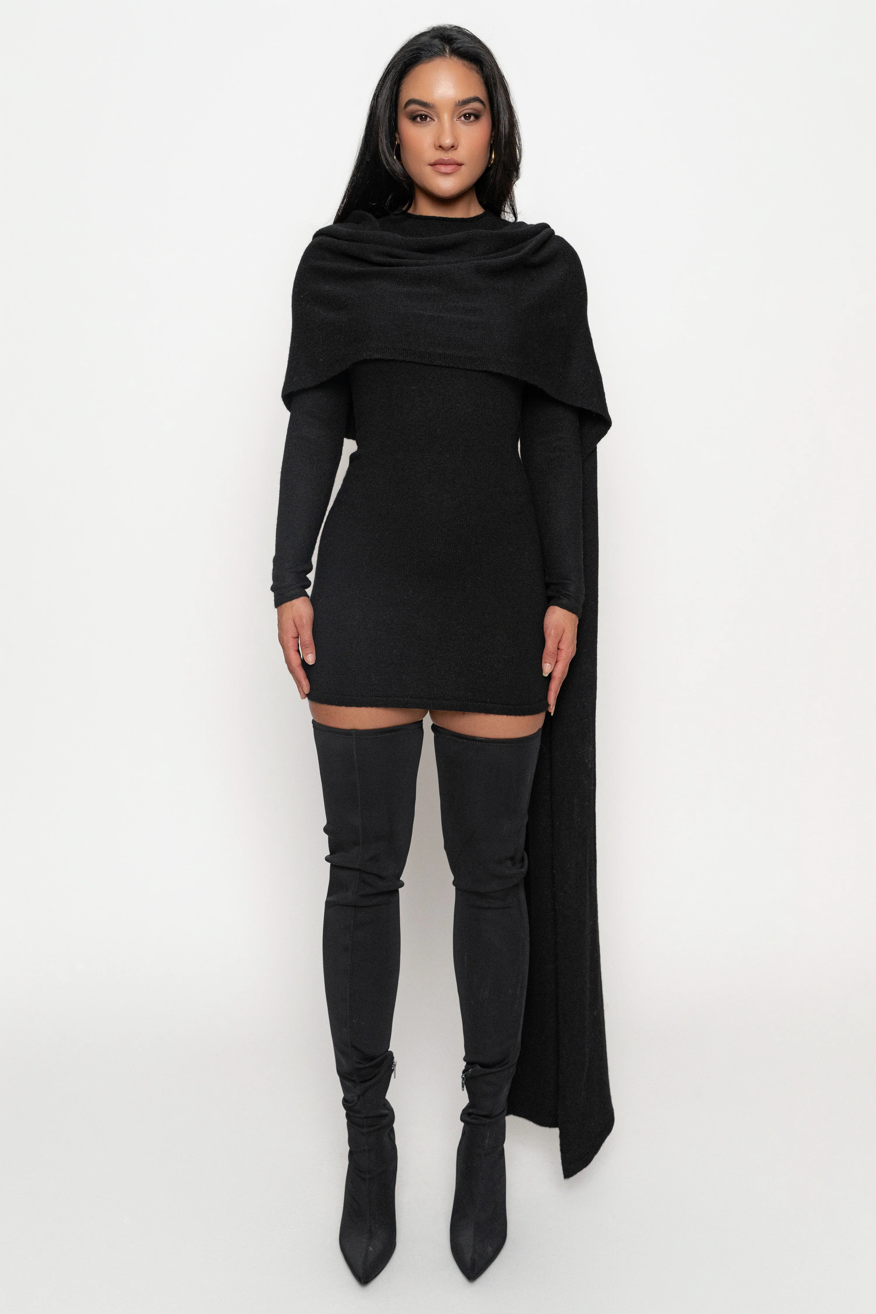 Black Scarf Draped Mini Dress L | JLUXLABEL