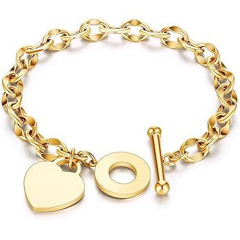 316L Stainless Steel Love Heart Charm Bracelet for Women Teen Girls Romantic Gift Silver/Rose/18k... | Amazon (US)