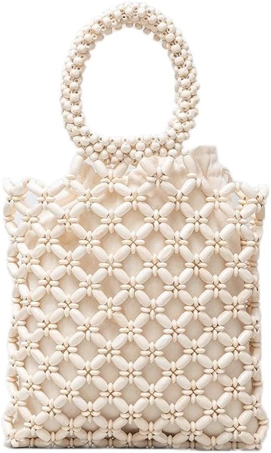 YYW Unique Handmade Wooden Bead Tote Bag for Women, Small Handwoven Clutch Purses Woven Bucket Ha... | Amazon (US)