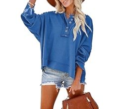 Dokotoo Women's V Neck Button Down Long Sleeve Crop Hoodies Loose Pullover Hooded Sweatshirts Top... | Amazon (US)