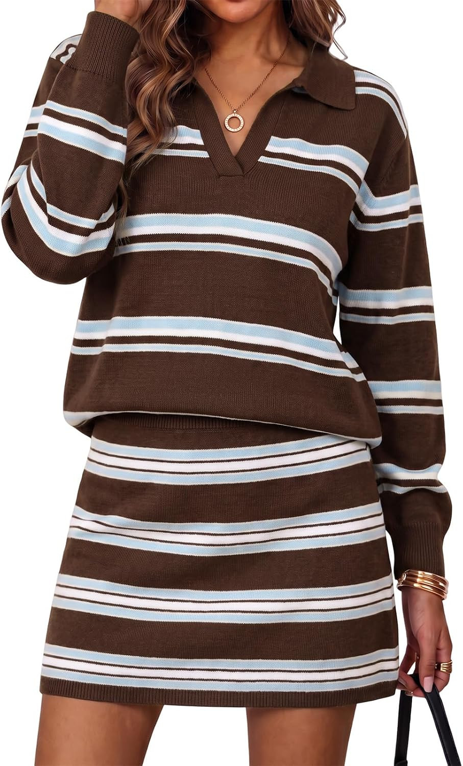 Wenrine Womens Striped 2 Piece Outfits V Neck Tops Mini Skirt Sweater Sets | Amazon (US)