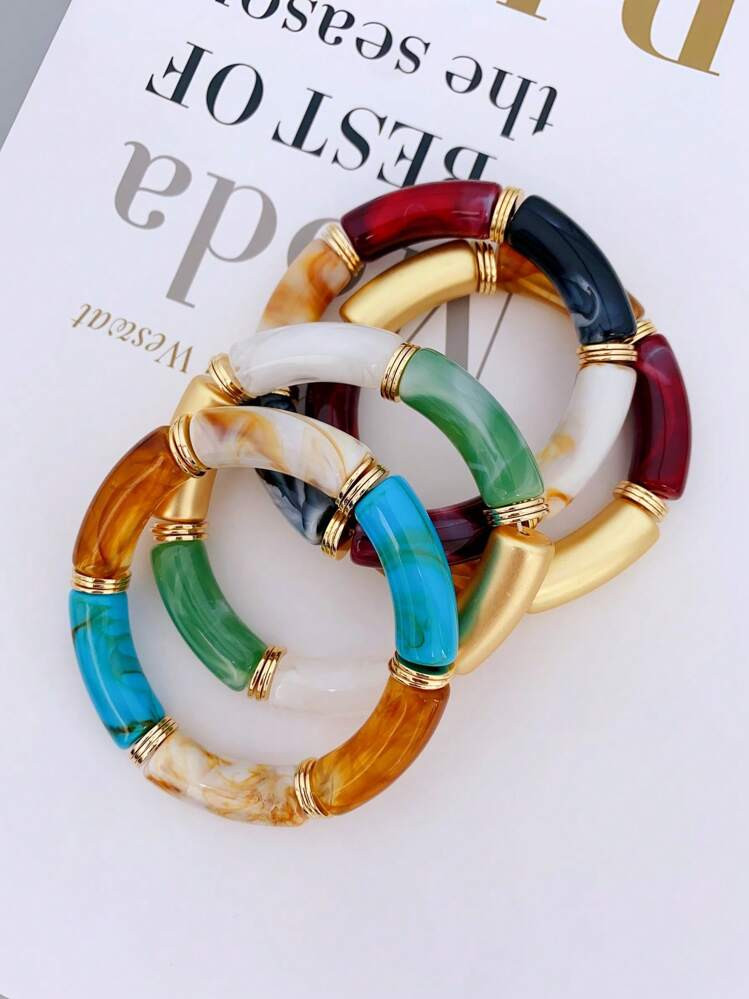 1pc Retro Acrylic Bamboo Beaded Bracelet For Women, Multi-Color Resin Coil Charm Couple Bracelet | SHEIN