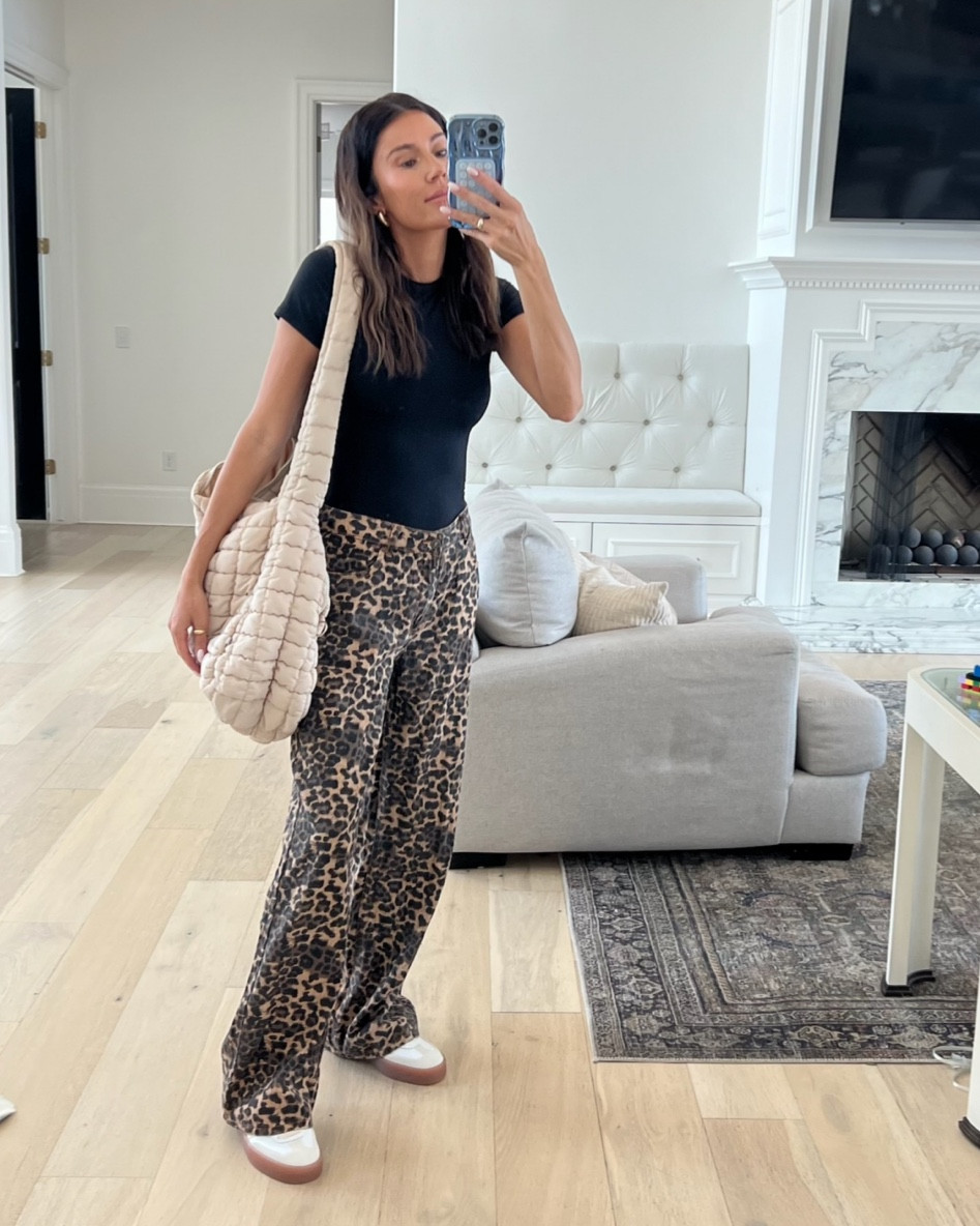 Obsessed with these new wide leg leopard print pants 🖤  they’re under $100 and I’m wearing size small

Leopard pants, wide leg pants, casual outfit, weekend outfit, summer outfit, mom outfit, black tee, black tshirt, free people bag, adidas sneakers, adidas sambae, Christine Andrew 

#LTKStyleTip #LTKFindsUnder100 #LTKShoeCrush