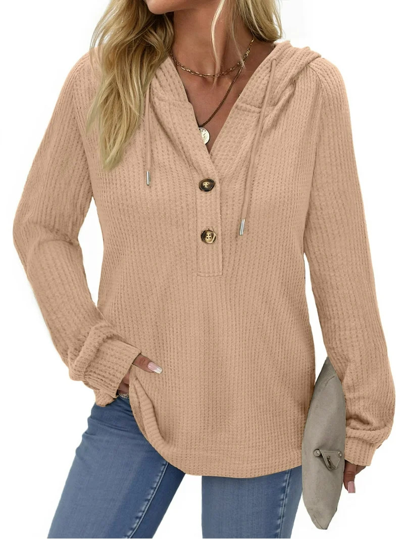 Fantaslook Hoodies for Women Waffle Knit Sweatshirts Drawstring Long Sleeve Tops Button V Neck Pu... | Walmart (US)