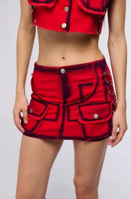 STOP TRYING DENIM MINI SKIRT in red | AKIRA