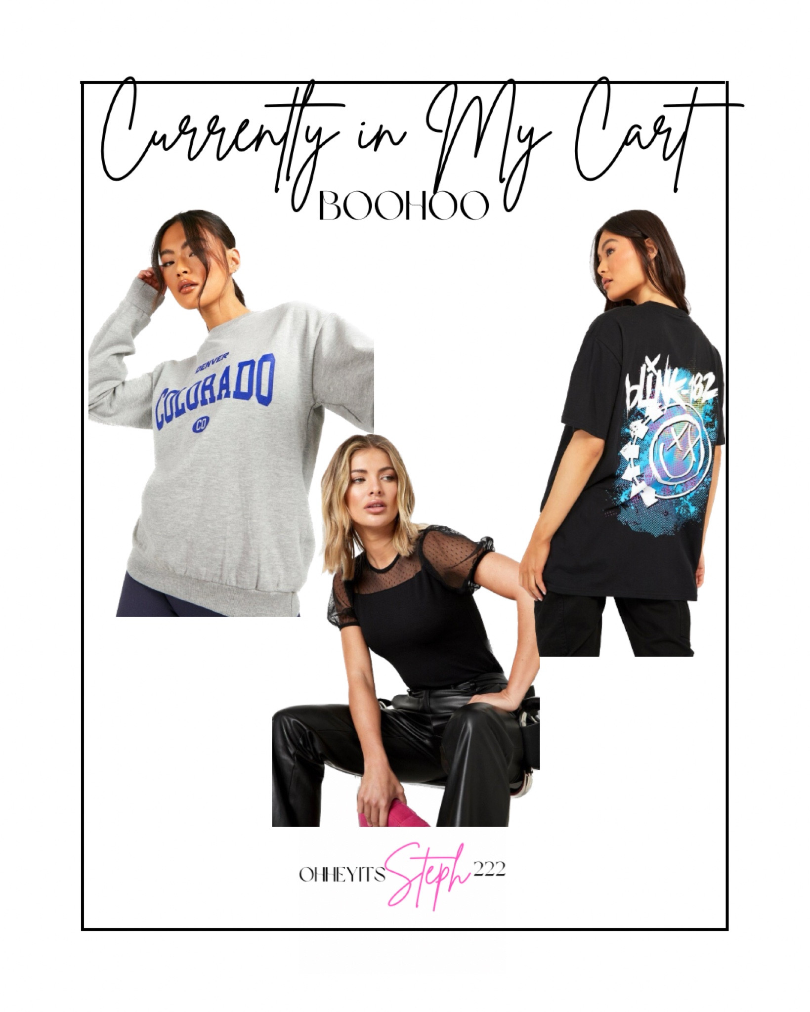 Currently in my cart at boohoo 

Bodysuit for girls night size ordered 2
Tee for lounging/pajamas size ordered small
Sweatshirt for the gym wanted it oversized size ordered xl 

#LTKunder50 #LTKsalealert #LTKFind