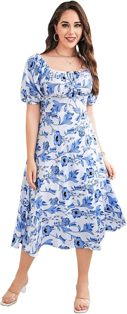 Floerns Women's Plus Size Floral Print Tie Front Square Neck Slit Hem Midi Dress | Amazon (US)