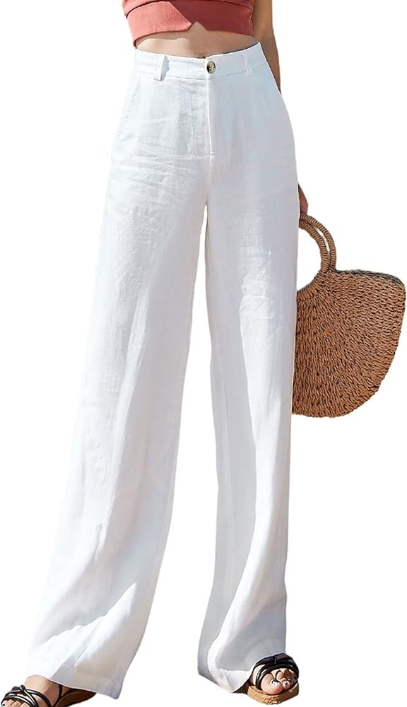 Hooever Womens Casual High Waisted Wide Leg Pants Button Up Straight Leg Trousers | Amazon (US)