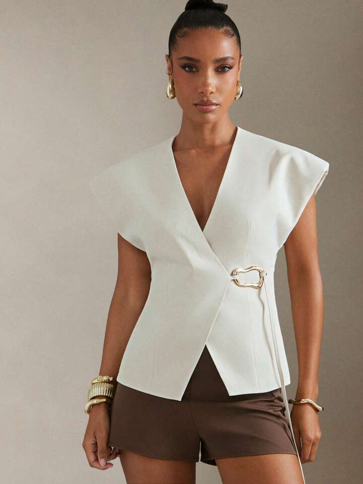 Hauture Elegantes Top mit Vorderseiten-Schnalle, Flügelärmel und V-Ausschnitt | SHEIN