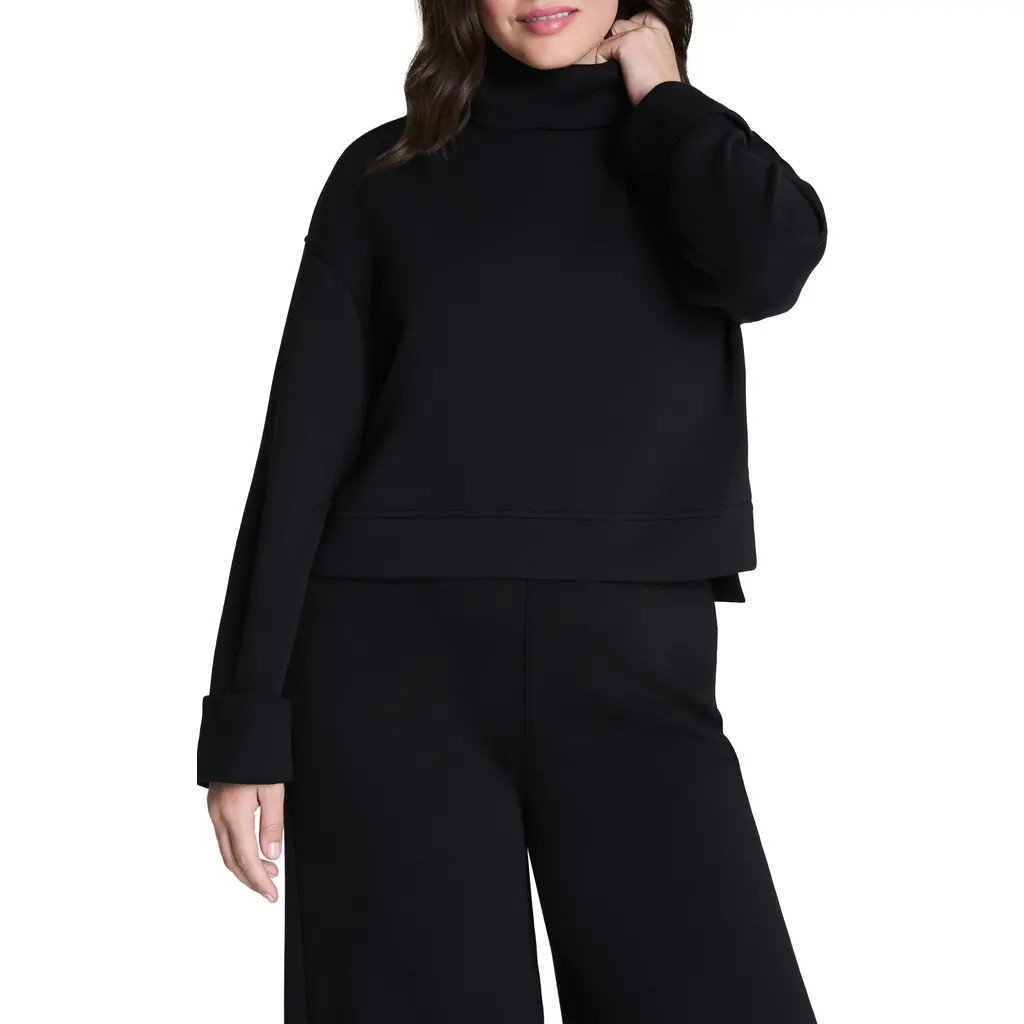 SPANX® Cuffed Sleeve Crop Turtleneck Sweatshirt in Very Black at Nordstrom, Size X-Small | Nordstrom