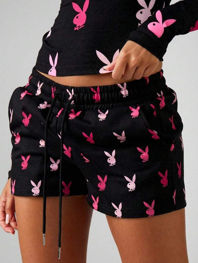 Missguided x Playboy Women Bunny Print Drawstring Jogger Shorts Black Pink Casual Lounge Sleepwea... | SHEIN