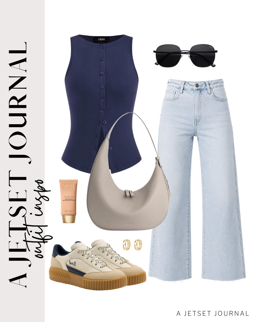 You can style this combination of a dark navy CIDER button-down tank top and Allimy high-waisted capri jeans with Sorel Ona Ave T-toe sneakers. You will also love this befen slouchy bag and SOJOS square sunnies! 

 #LTKSeasonal #LTKSaleAlert #LTKTravel