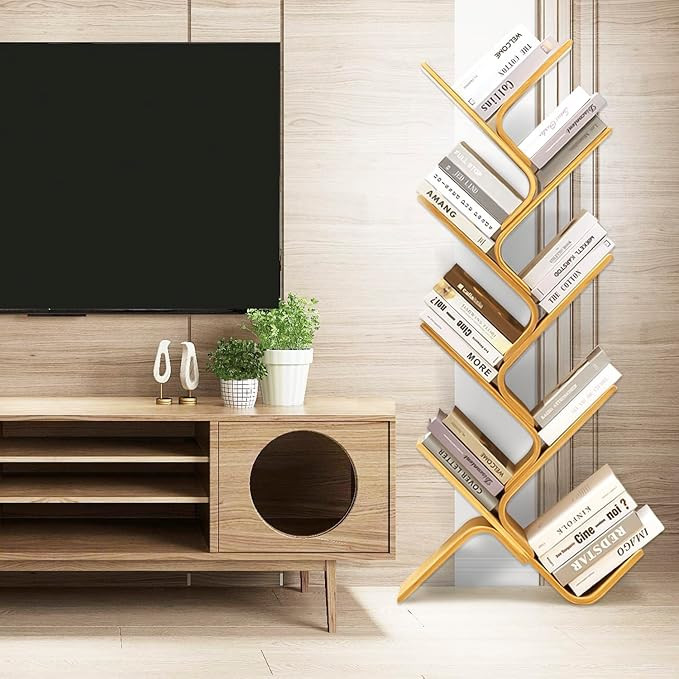 8-Tier Floor Bamboo Tree Bookshelf, Modern Standing Bookcase Office Book Storage Creative Curved ... | Amazon (US)
