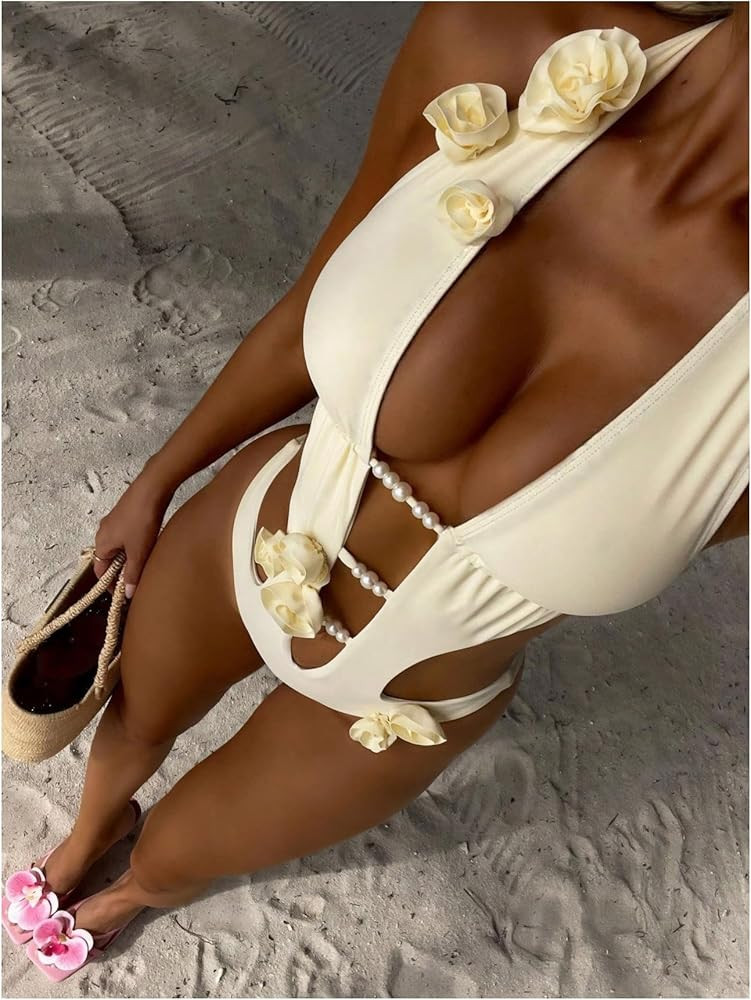 WDIRARA Women's 3D Floral Cut Out One Piece Swimsuit Deep V Neck Tie Halter Backless Swimwear | Amazon (US)