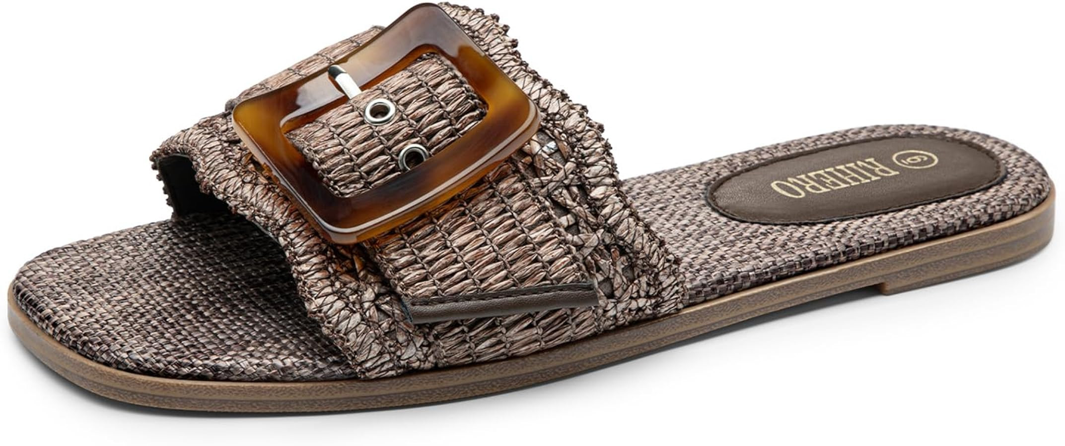 Rihero Women's Raffia Flat Sandals Square Open Toe Summer Beach Slip On Woven Buckle Slide Sandal... | Amazon (US)