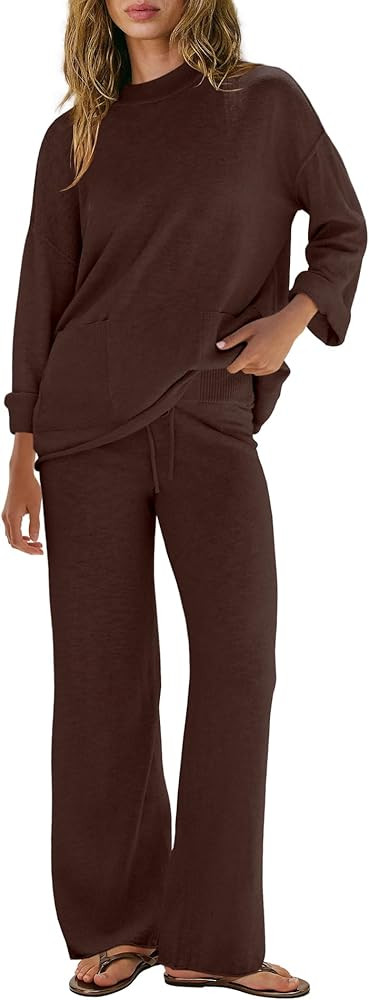Nirovien Womens 2 Piece Lounge Set Matching Sweater Sets Knit Sweater Top Wide Leg Pants Loungewe... | Amazon (US)