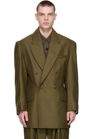 Khaki Double-Breasted Wool Blazer | SSENSE