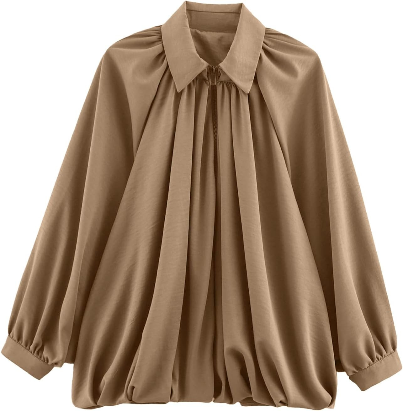 Women's Puffed Bomber Jacket Lapel Collar Batwing Sleeve Zip Front Oversized Pleated Shirts Streetwear | Amazon (US)