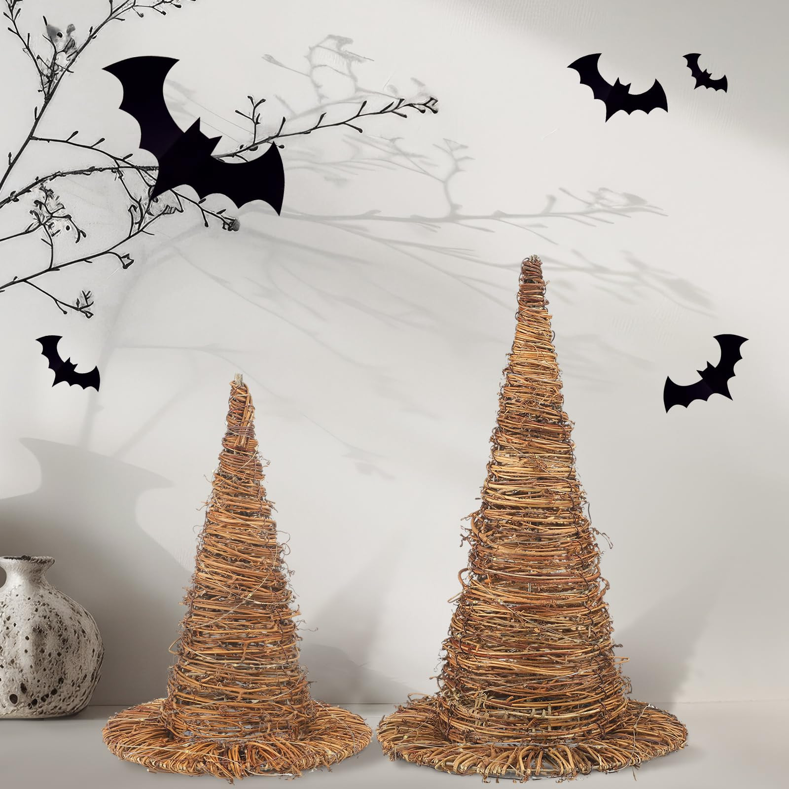 Leinuosen 2 Pcs Halloween Rattan Witch Hat Decor with String Lights Wicker Wizard Hats Woven Witc... | Amazon (US)