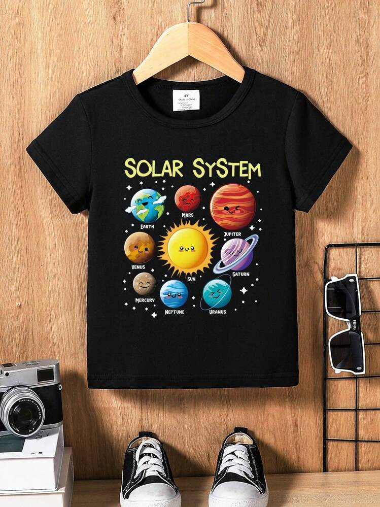 Young Boy Simple Letter & Cartoon Planet Graphic Print Short Sleeve T-Shirt, Suitable For Spring/Summer | SHEIN