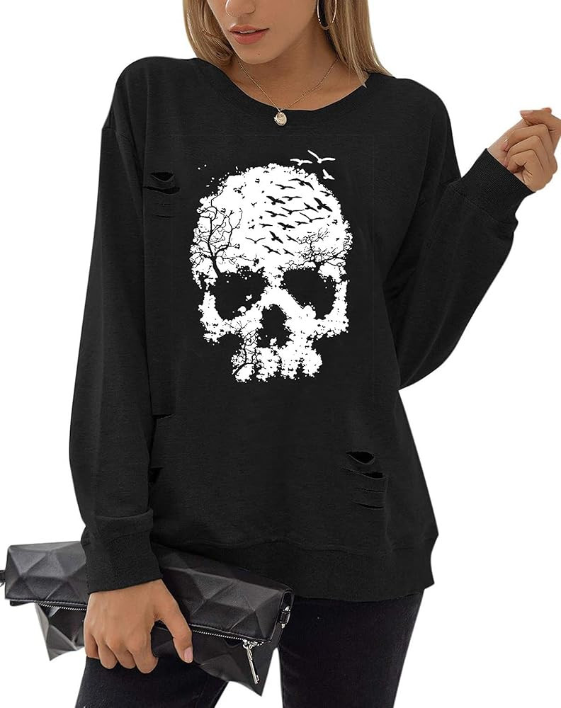 Blooming Jelly Women's Crewneck Sweatshirt Skull Graphic T Shirts Long Sleeve Top Pullover Oversized | Amazon (US)
