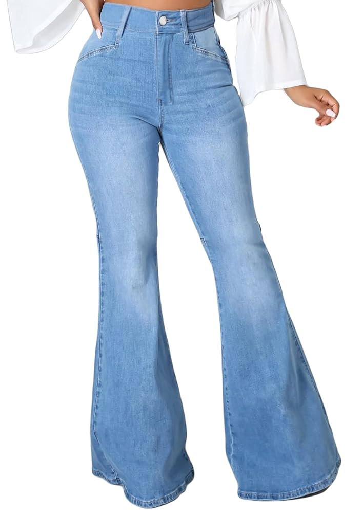 SeNight Women Bell Bottom Jeans Elastic Waist Ripped Flared Jean Destroyed Raw Hem Denim Pants | Amazon (US)
