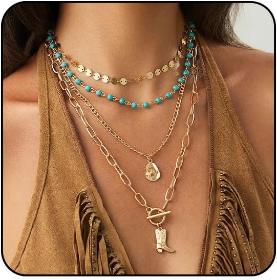 Layered Boho Necklaces for Women Turquoise Western Jewelry for Women Cactus Ox-Head Cross Hat Boo... | Amazon (US)