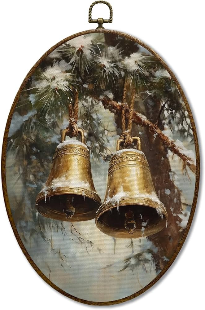 JQF Vintage Gold Christmas Bells Oval Wall Decor, Rustic Christmas Country Oval Canvas Wall Art, ... | Amazon (US)