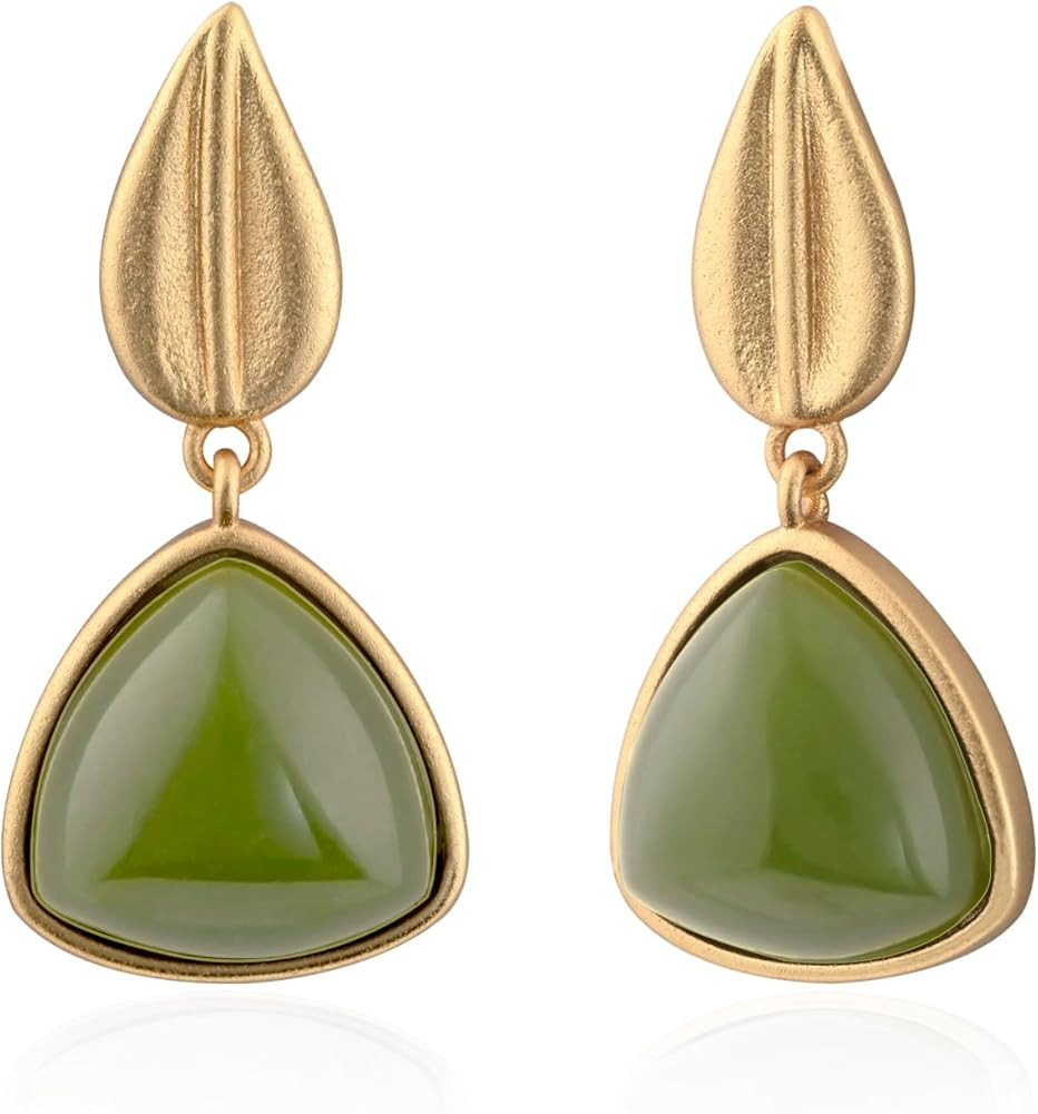 Gold Plated Natural Green Jade Earrings Elegant Triangle Birthstone Earrings with Gold Plated Lea... | Amazon (US)