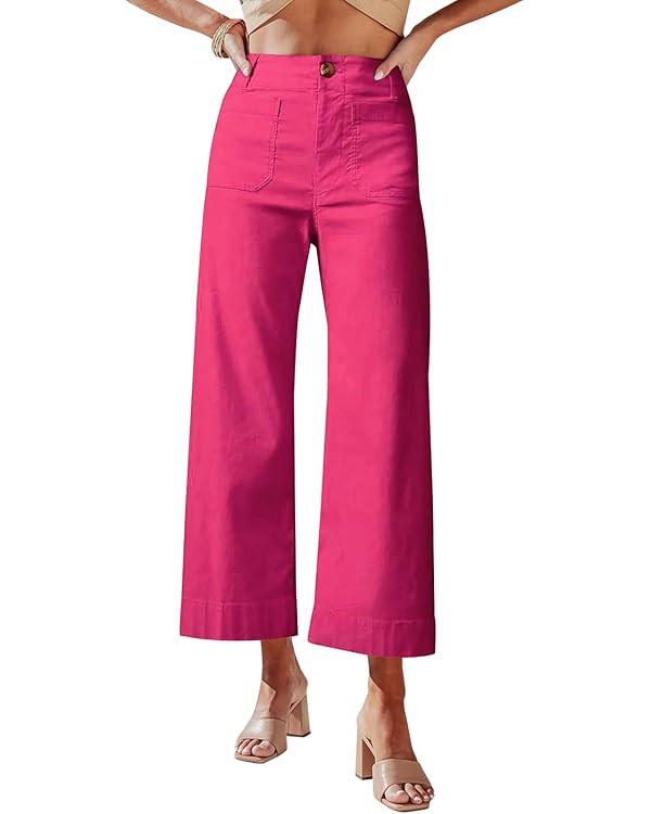 miduo Womens High Waisted Cropped Wide Leg Stretchy Straight Pants Trousers with Pockets | Amazon (US)