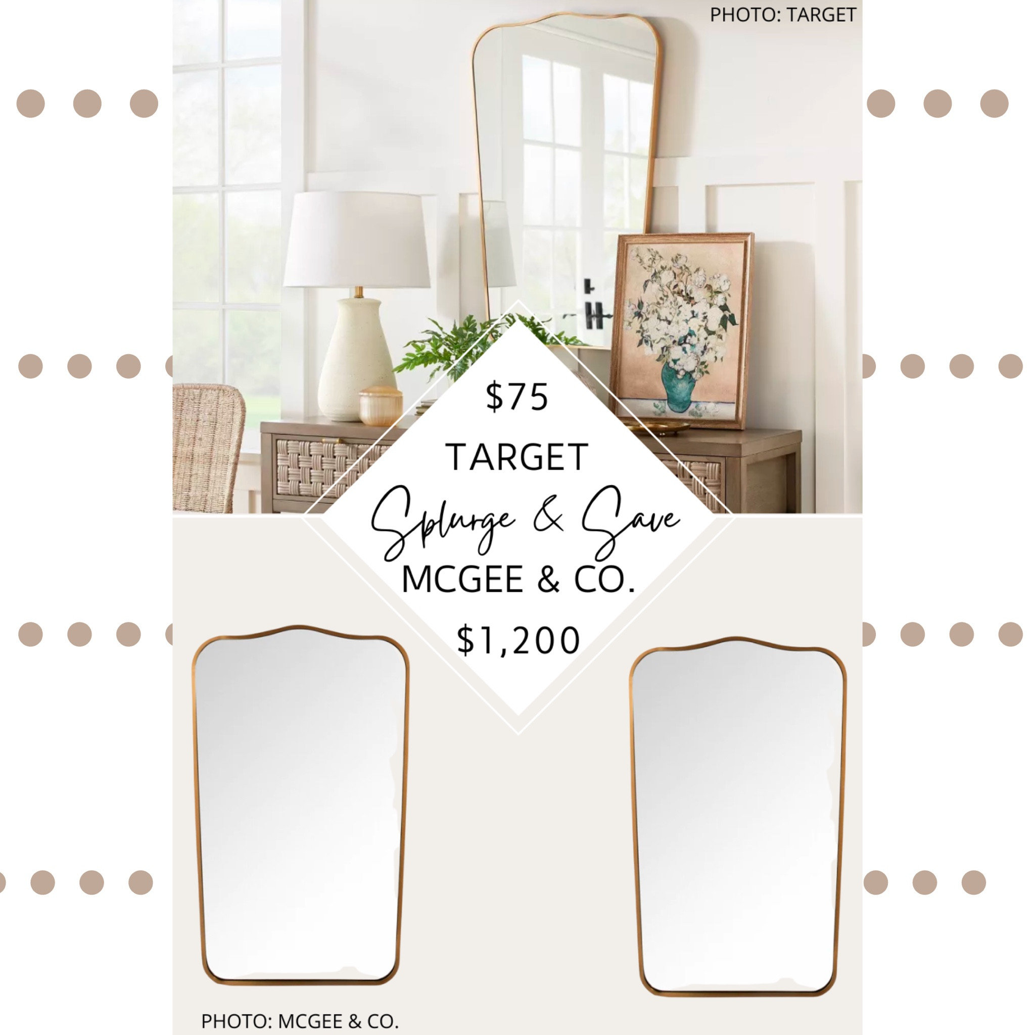 🚨Brand new find🚨 

McGee and Co.’s Josephine Mirror is made of iron and wood and features an antique bronze frame, minimalist style, wave top, and is 26"x 42".   Target’s Metal Curved Top Mirror is designed with Studio McGee, so it features a similar wave top and minimalist style.  It also features a gold aluminum frame, comes with mounting hardware, and is 23" x 36".  This is a great example of why I love it when high-end designers release a more affordable product line — we get two prices and one style.  Pick a price that fits you. 

#mcgeeandco #studiomcgee #target #targethome #targetfinds  #mirror #sale #salealert #deal #decor #homedecor McGee and Co. Josephine mirror dupe. Wave top mirror, crest mirror, irregular shaped mirror. Vintage style mirror. Gold mirror. Gold wave mirror. 
McGee and Co. Dupes. Studio McGee dupes. McGee and Co. Mirror dupes. vintage-inspired mirror. Vanity mirror. Bathroom mirror. Entryway mirror. Fireplace mantle mirror. Wall mirror. #design #bedroom #livingroom #office #walldecor #discount #mirror Target finds. Target home finds. Target mirror. Target dupes. Target home decor. Target furniture. 

#LTKhome #LTKunder100 #LTKFind