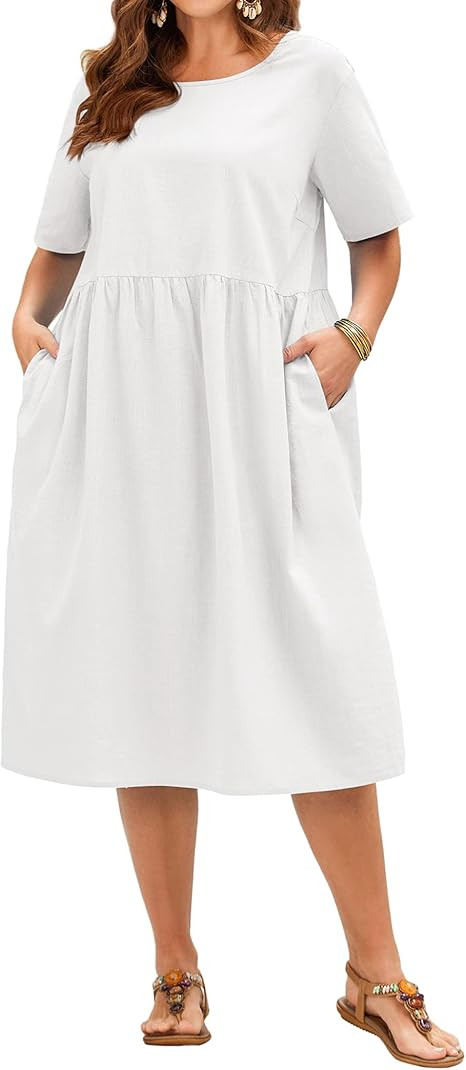 IN'VOLAND Plus Size Cotton Linen Dresse for Women Short Sleeve Midi Dresss with Pockets Summer Co... | Amazon (US)