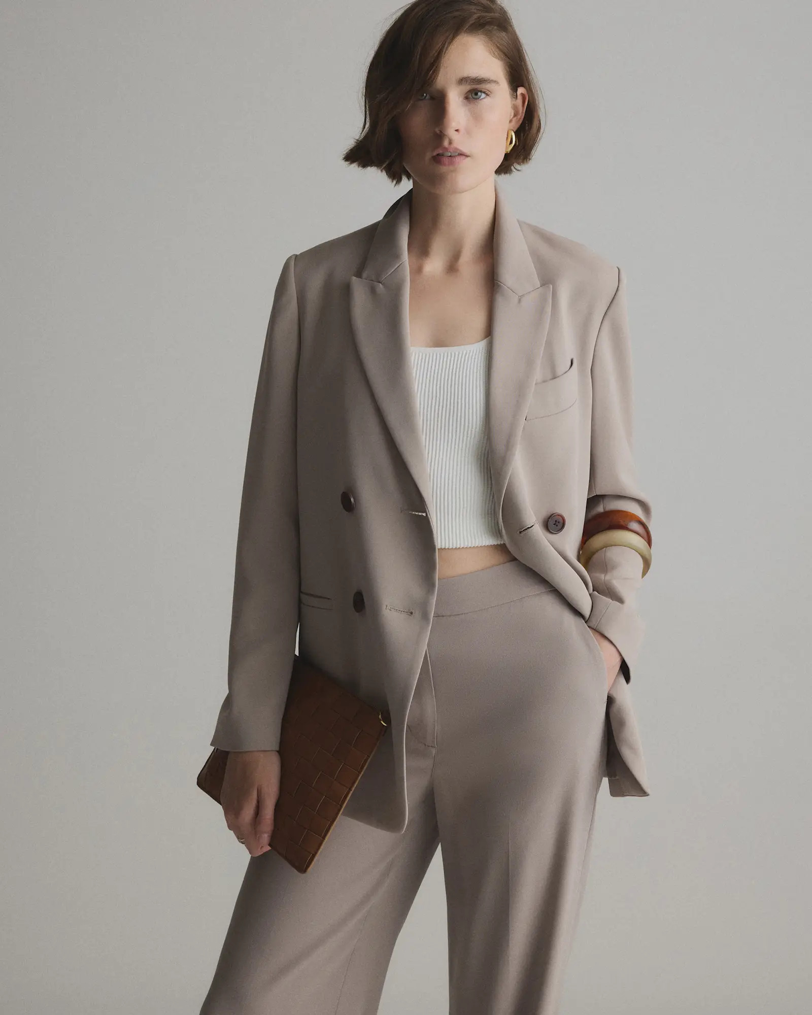Stretch Crepe Double-Breasted Blazer in Morel | Quince