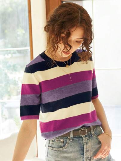 French Knit Commuter Women's Striped Crew Neck Loose Short Sleeve Sweater Shirt, Spring Summer Fa... | SHEIN