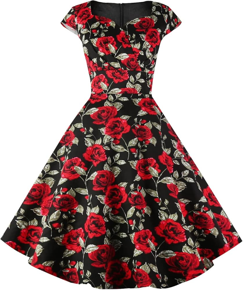 Hanpceirs Women's Cap Sleeve 1950s Retro Vintage Cocktail Swing Dresses with Pocket | Amazon (US)