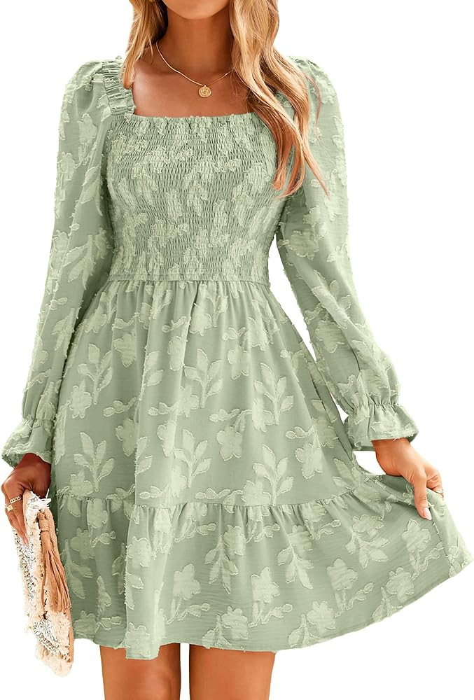 BerryGo Women's Square Neck Fall Long Sleeve Mini Dress Smocked Swing Ruffle Wedding Guest Dress | Amazon (US)