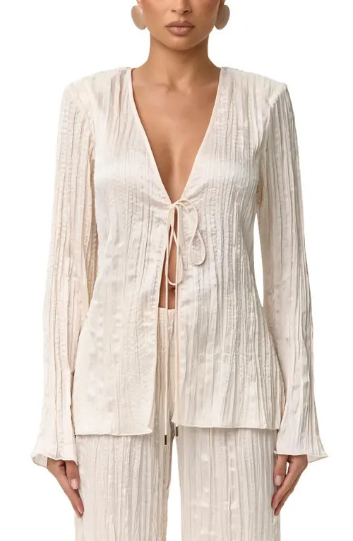Naked Wardrobe Plissé Tie Front Satin Top in Crema at Nordstrom, Size Medium | Nordstrom