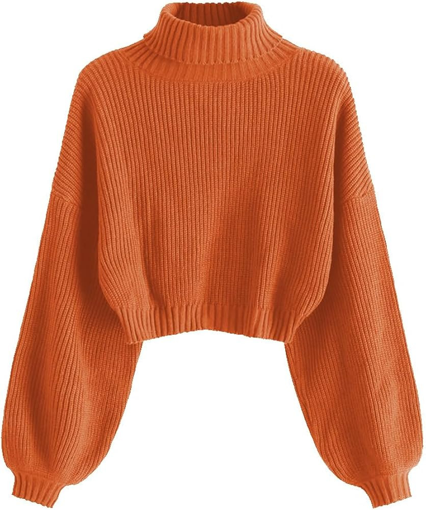 ZAFUL Women's Crew Neck Long Sleeve Pullover Crop Sweater Mock Neck Lantern Sleeve Ribbed Knit Ju... | Amazon (US)