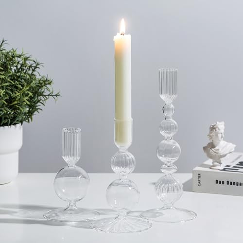 Glasseam Glass Candle Stick Holder: Clear Taper Candle Holders Set of 3 Modern Candlestick Holders for Taper Candles Decorative Candle Holders for Table Centerpiece Wedding Party Christmas Decorations | Amazon (US)