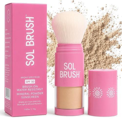Sol Brush SPF 50 Mineral Sunscreen Powder, Broad Spectrum UVA/UVB Protection Sunscreen, Mess Free Brush On Applicator, Clean & Cruelty Free, Water Resistant (80 Minutes), Pink, Medium | Amazon (US)