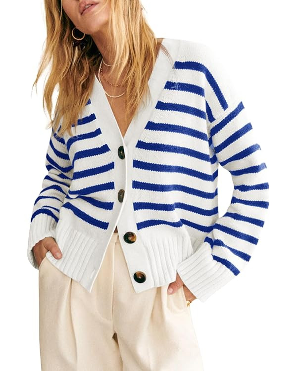 Saodimallsu Womens Striped Cardigan Sweaters V Neck Button Down Long Sleeve Open Front Ribbed Kni... | Amazon (US)