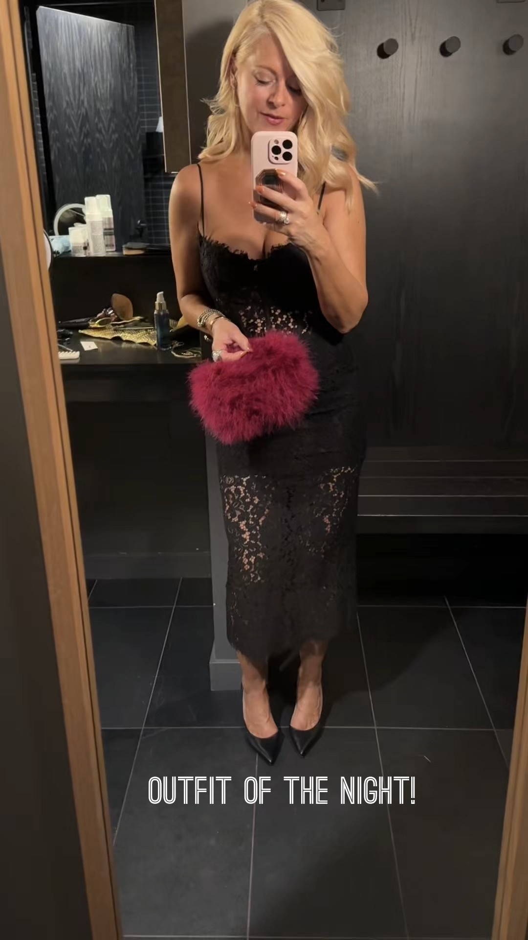 All black outfit of the night. 
Black lace bodycon midi dress XS
Red feather bag from Amazon 
Black wrap coat with faux fur is Reiss XS
Heels Christian Louboutin 7

#LTKootd #LTKOver40 #LTKgrwm
