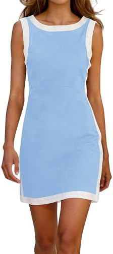 Summer Sleeveless Dress for Women Casual Boho Color Block Boat Neck Tank Mini Dress Beach Vacatio... | Amazon (US)