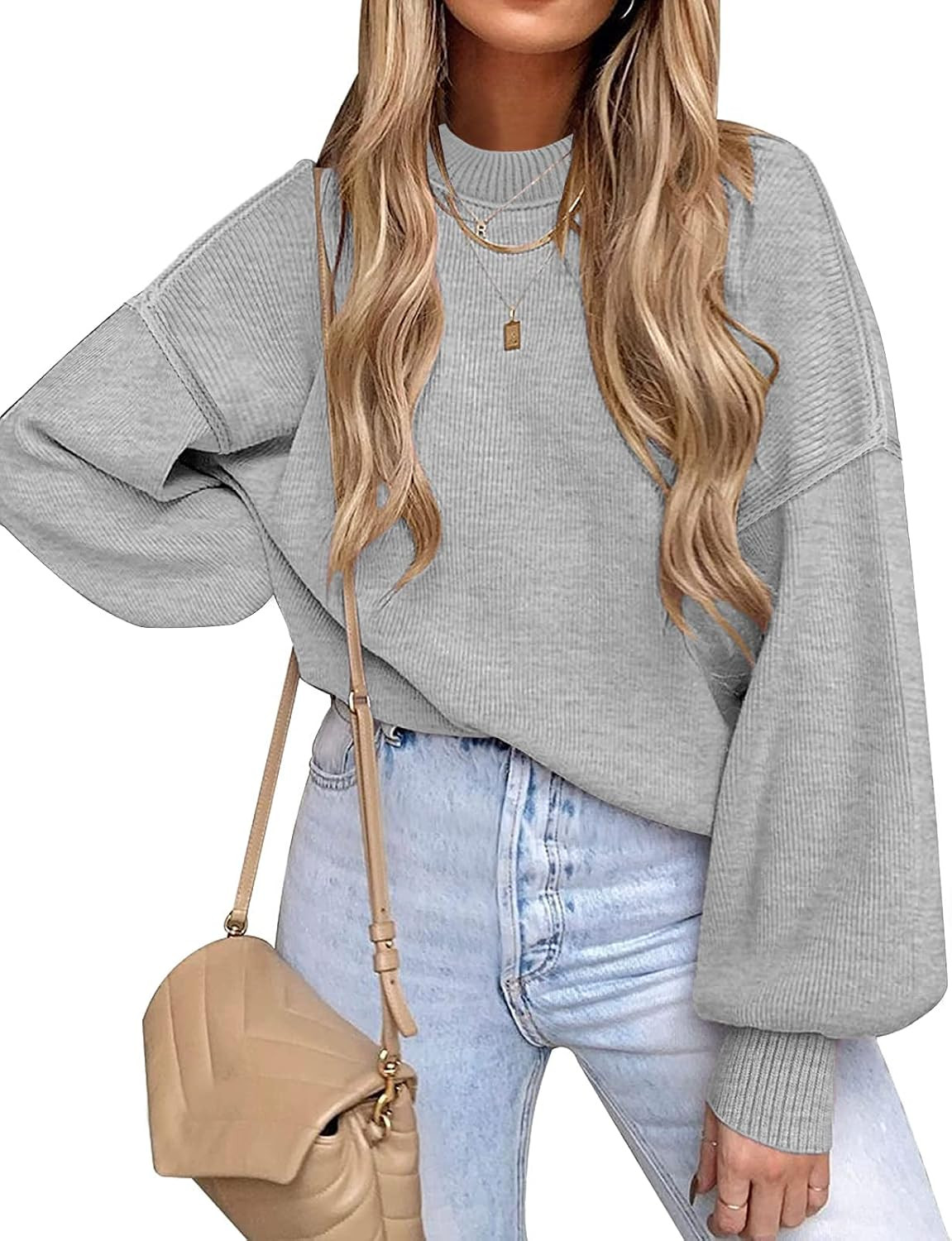 ETCYY Womens Striped Sweaters Fall 2022 Batwing Long Sleeve Side Slit Oversized Crew Neck Knit Pu... | Amazon (US)