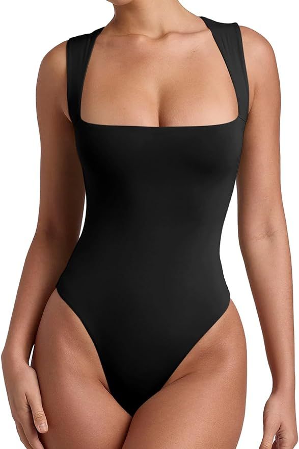REORIA Women’s Sexy Sleeveless Square Neck Double Lined Bodysuit Tank Tops | Amazon (US)
